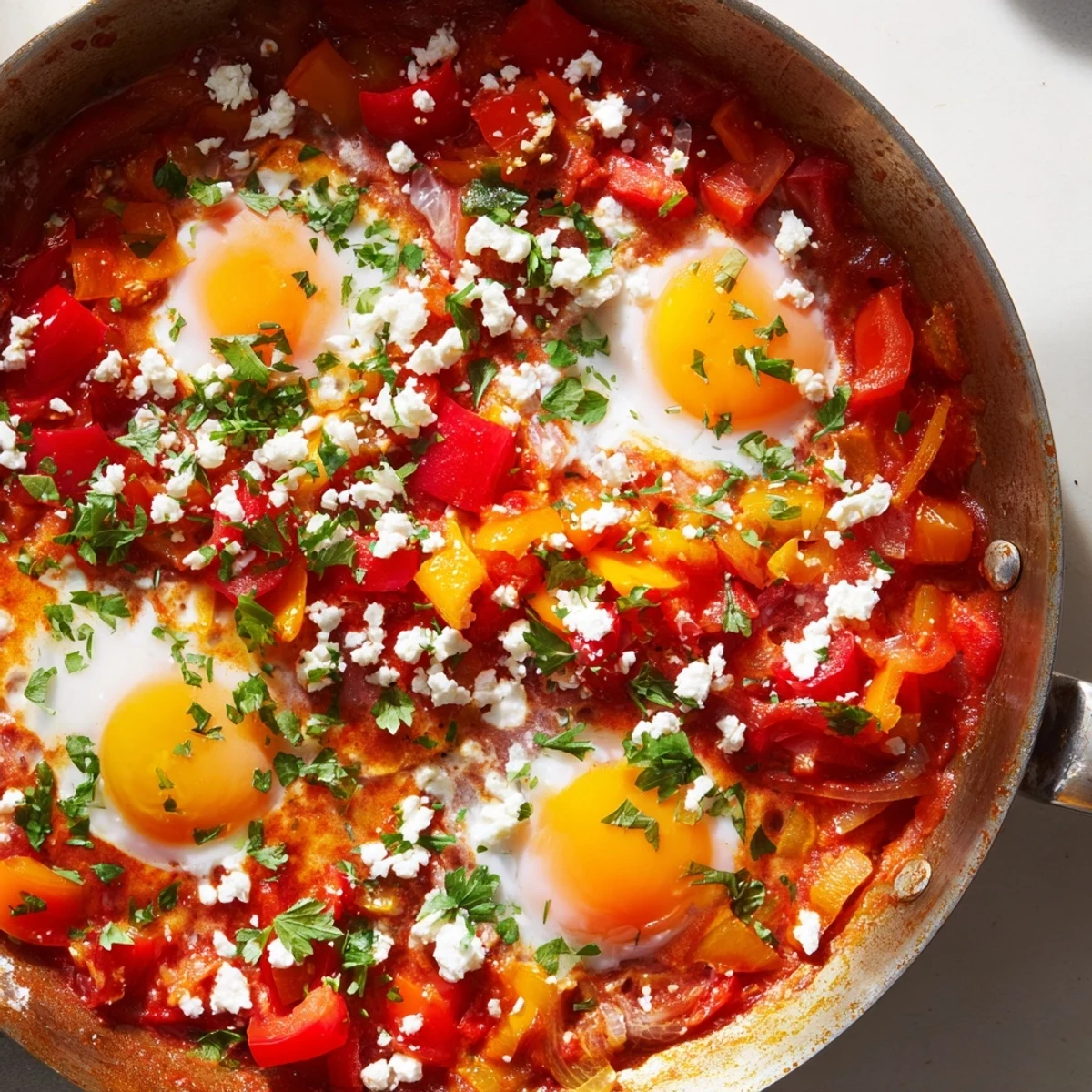 Colorful shakshuka eggs in a rich tomato sauce, ready to be enjoyed with crusty bread for dipping.