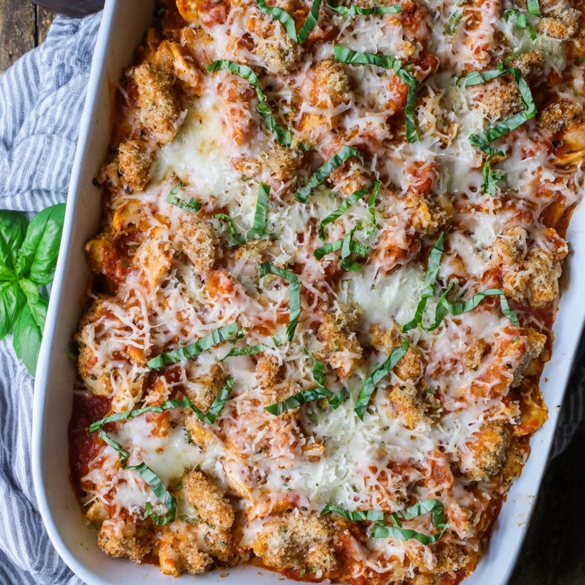 Golden-browned Keto Chicken Parmesan Casserole with bubbling marinara and melted mozzarella garnished with fresh basil.