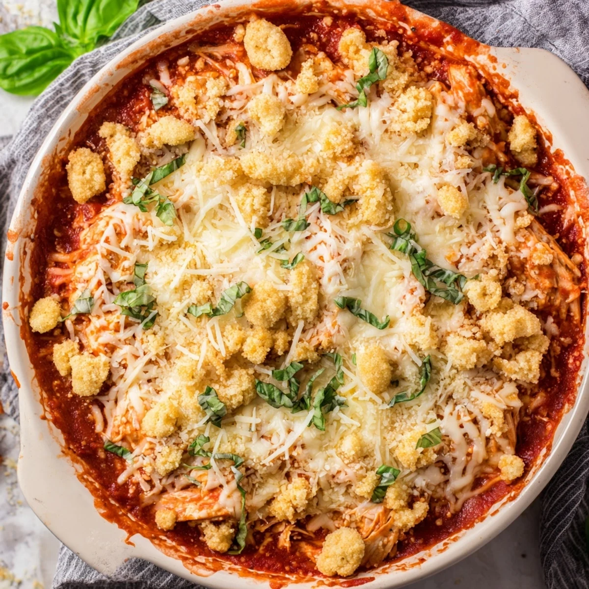 Comforting Keto Chicken Parmesan Casserole presented in a dish, paired with a crisp green salad and roasted vegetables.