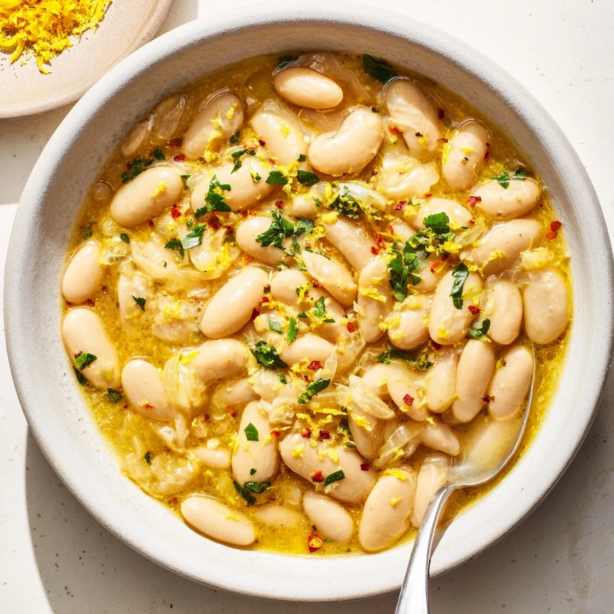 Steaming Miso Butter Brothy Beans in a rustic bowl, garnished with fresh herbs and lemon zest.  