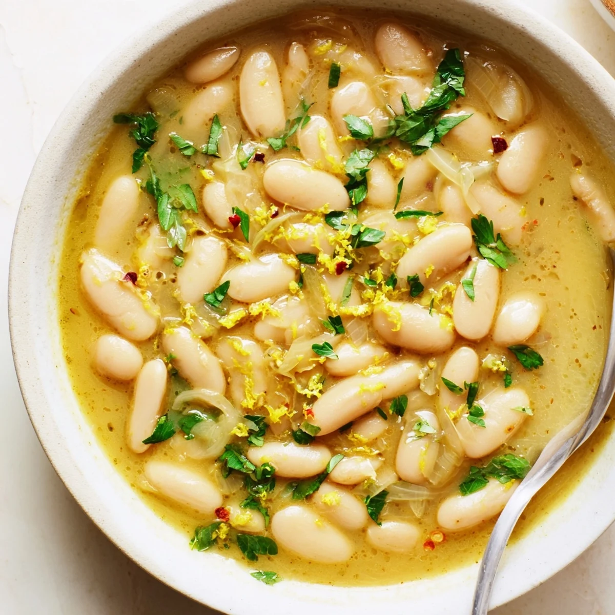 Close-up of creamy Miso Butter Brothy Beans with a savory broth, served alongside crusty bread.  