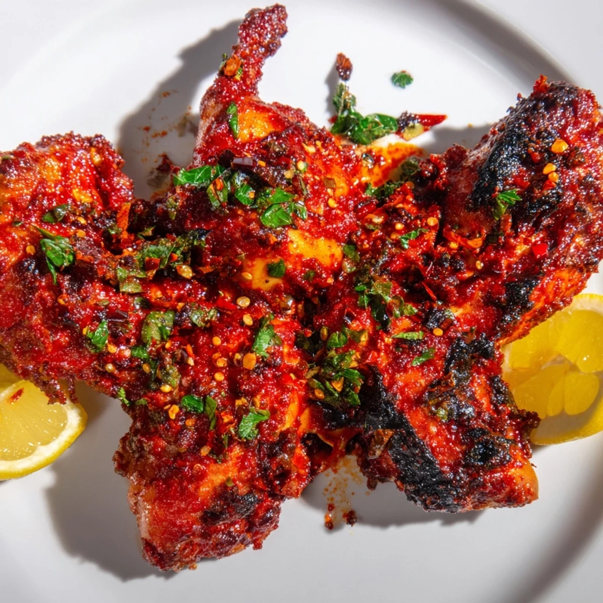 Spicy peri peri chicken with charred crispy skin and fresh lemon wedges.