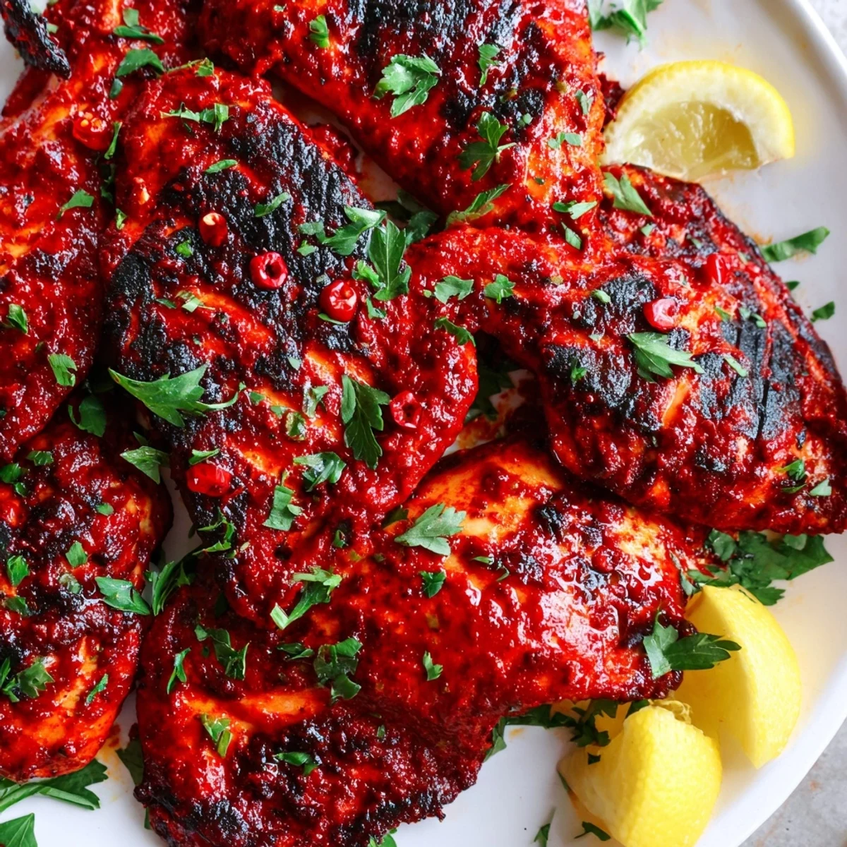 Golden-brown grilled peri peri chicken thighs served over fluffy white rice and parsley.