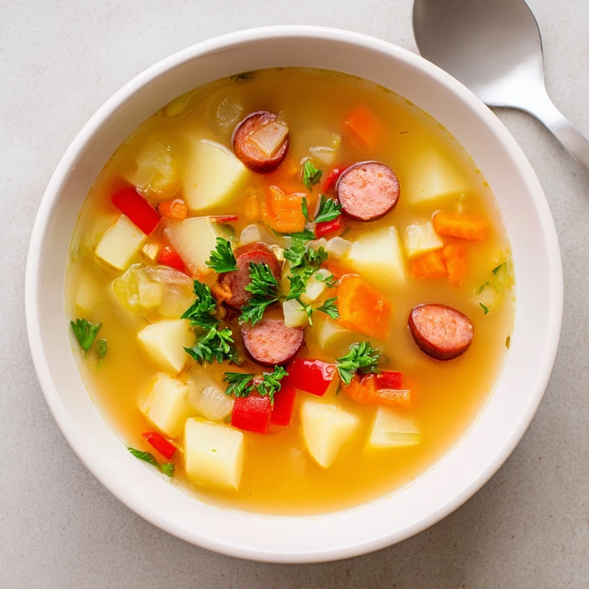Steaming Spanish Potato Soup with Chorizo features creamy diced potatoes, smoky sausage, and fresh parsley garnish in a rustic bowl.