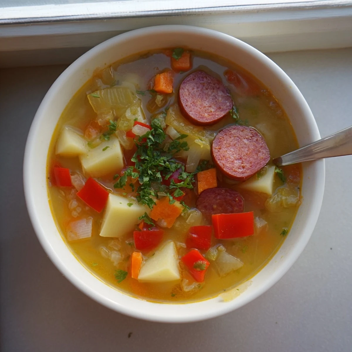 A close-up of Spanish Potato Soup with Chorizo highlights tender vegetables, rich red broth, and golden chorizo slices on top.