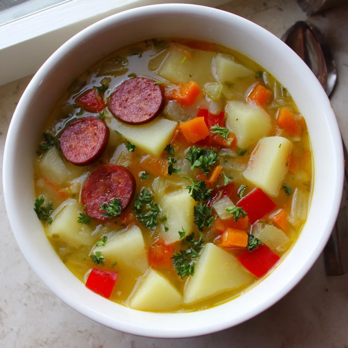Comforting Spanish Potato Soup with Chorizo served in a ceramic bowl, paired with crusty bread for a hearty meal.