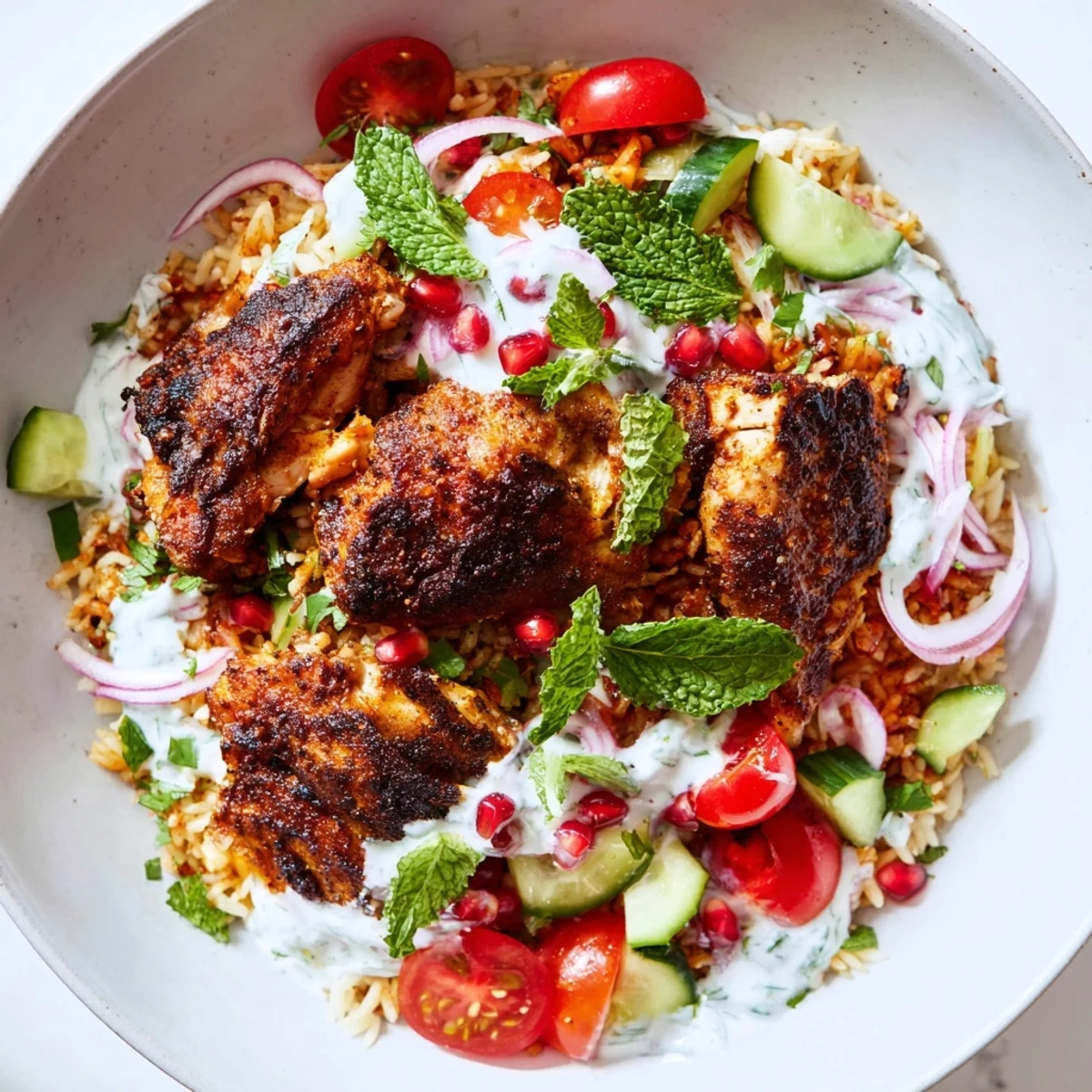 Golden shawarma chicken rests on crispy basmati rice with cucumber and mint, drizzled with creamy yogurt-tahini dressing.