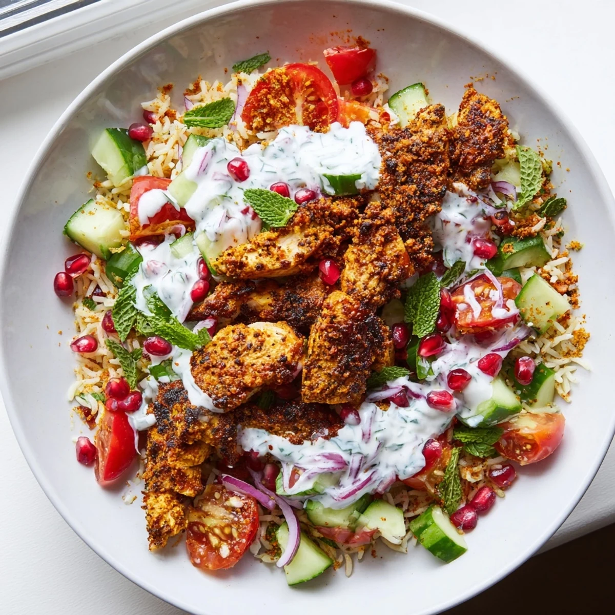 Warm, golden crispy rice and spiced chicken thighs mingle with fresh herbs and pomegranate seeds in this vibrant bowl.