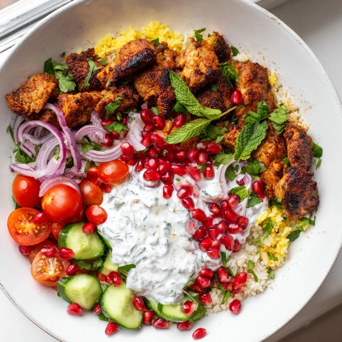 Colorful Chicken Shawarma Crispy Rice Salad features juicy chicken, crunchy rice, and a cool, tangy yogurt dressing.