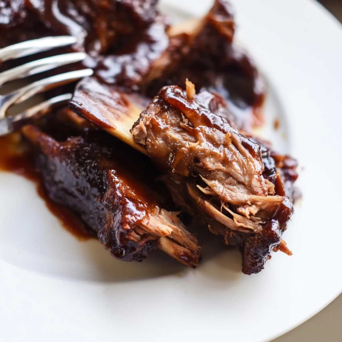 Glossy maple bourbon glazed short ribs rest on a plate with fresh thyme garnish and roasted carrots on the side.