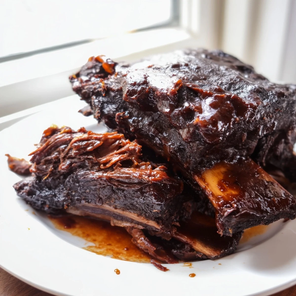 Juicy beef short ribs simmered in a sweet and smoky maple bourbon sauce plated with crusty bread for dipping.