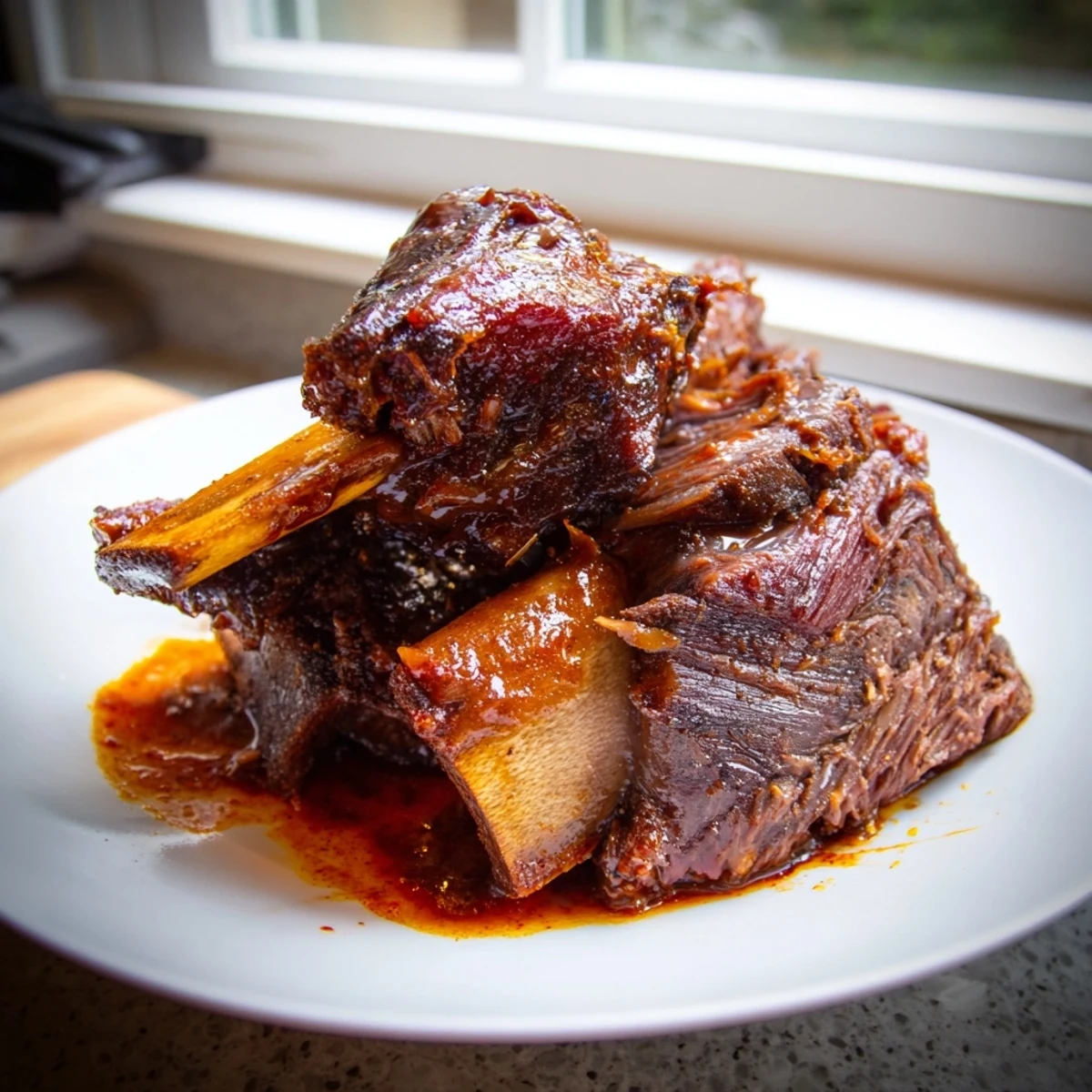 Tender fall-off-the-bone beef short ribs coated in a rich maple bourbon glaze served over creamy mashed potatoes.