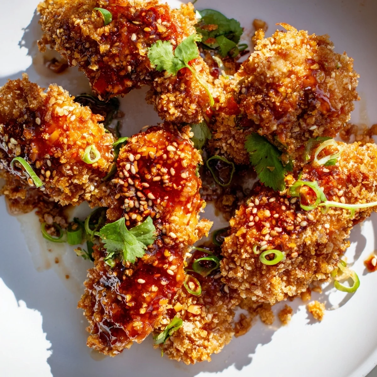 Thai Sticky Chicken Fingers tossed in a glossy sweet chili glaze, served with lime wedges and scallions for dipping.