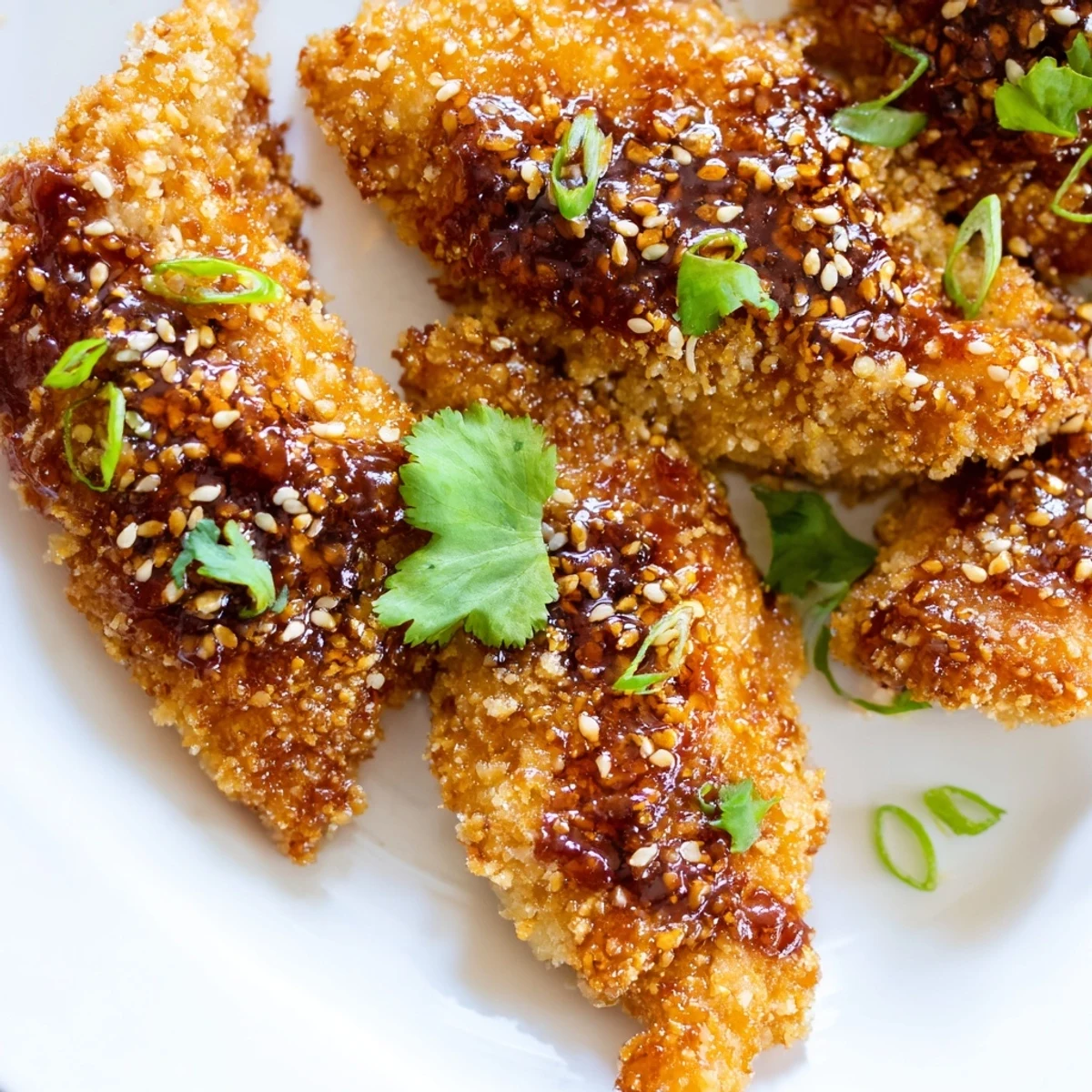 Golden-brown Thai Sticky Chicken Fingers piled high on a platter, garnished with sesame seeds and fresh cilantro leaves.