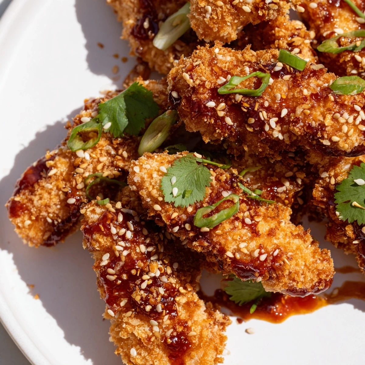 Crispy baked Thai Sticky Chicken Fingers coated in sticky sauce, arranged on a white plate with a side of rice.
