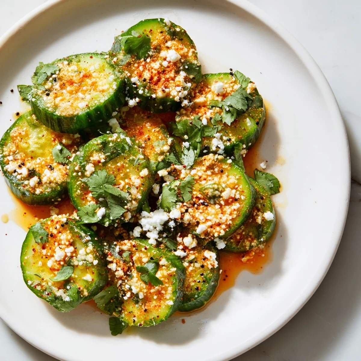 Fresh Mexican style cucumbers coated in tangy lime juice and spicy chili powder garnished with cilantro