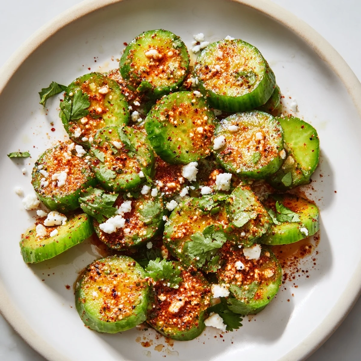 Crisp cucumber rounds sprinkled with Tajín seasoning and fresh lime juice on a white serving plate
