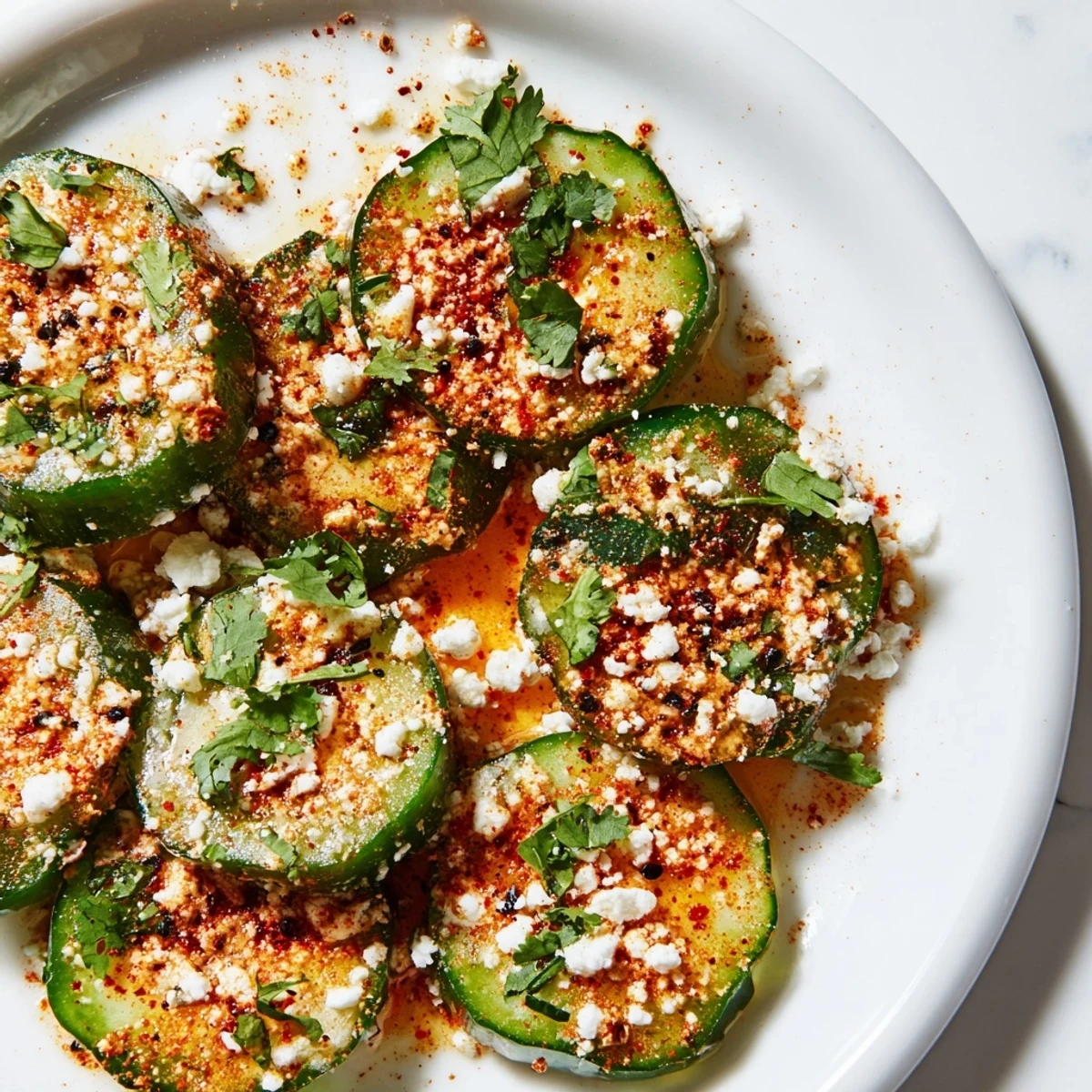 Zesty Mexican style cucumbers featuring lime wedges crumbled cotija cheese and chili powder on a wooden board