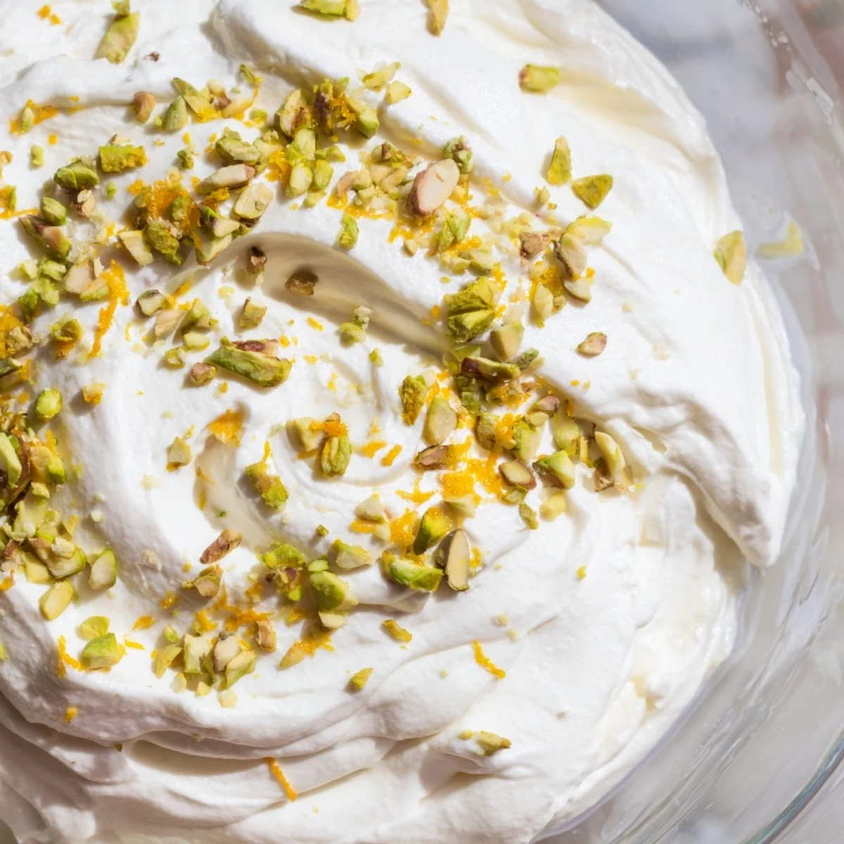 Golden date mousse infused with orange blossom water garnished with pistachios and citrus zest