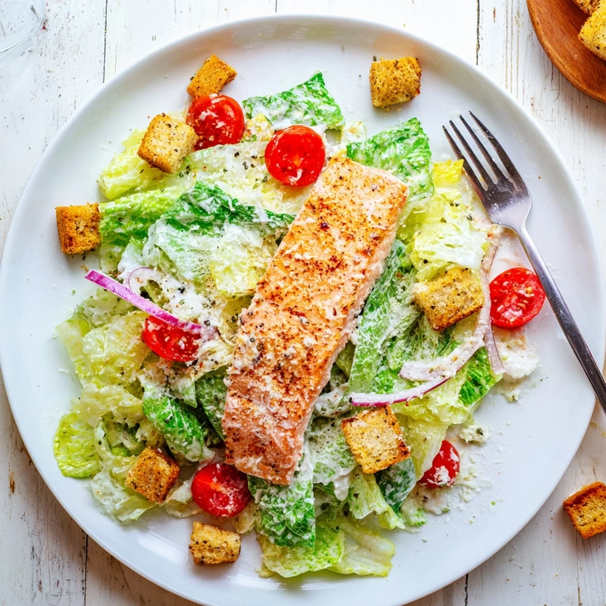 Grilled salmon Caesar salad with crisp romaine, croutons, and creamy homemade dressing on a white plate