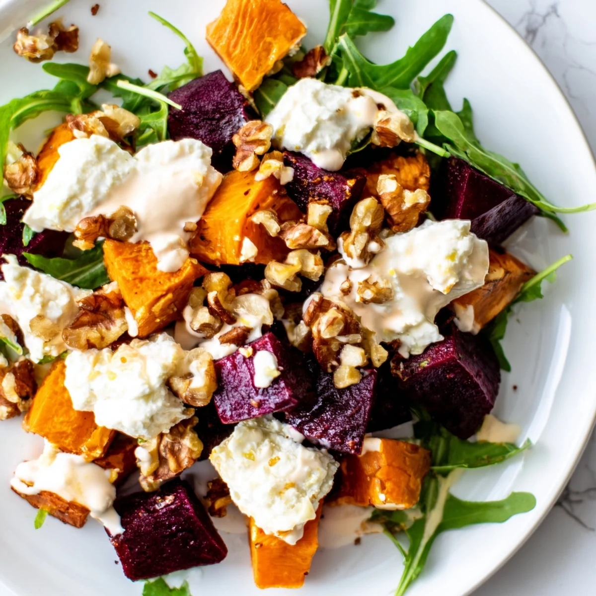 Golden roasted beets and sweet potatoes topped with crumbled feta and creamy yogurt dressing