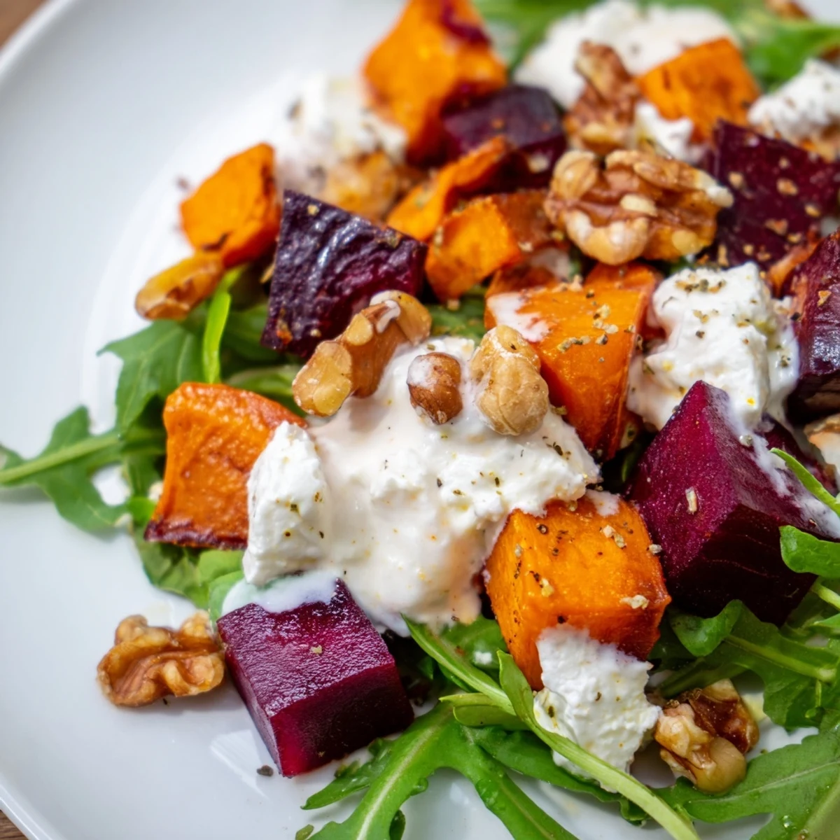 Vibrant salad bowl featuring roasted root vegetables, tangy feta cheese, and luscious honey yogurt drizzle