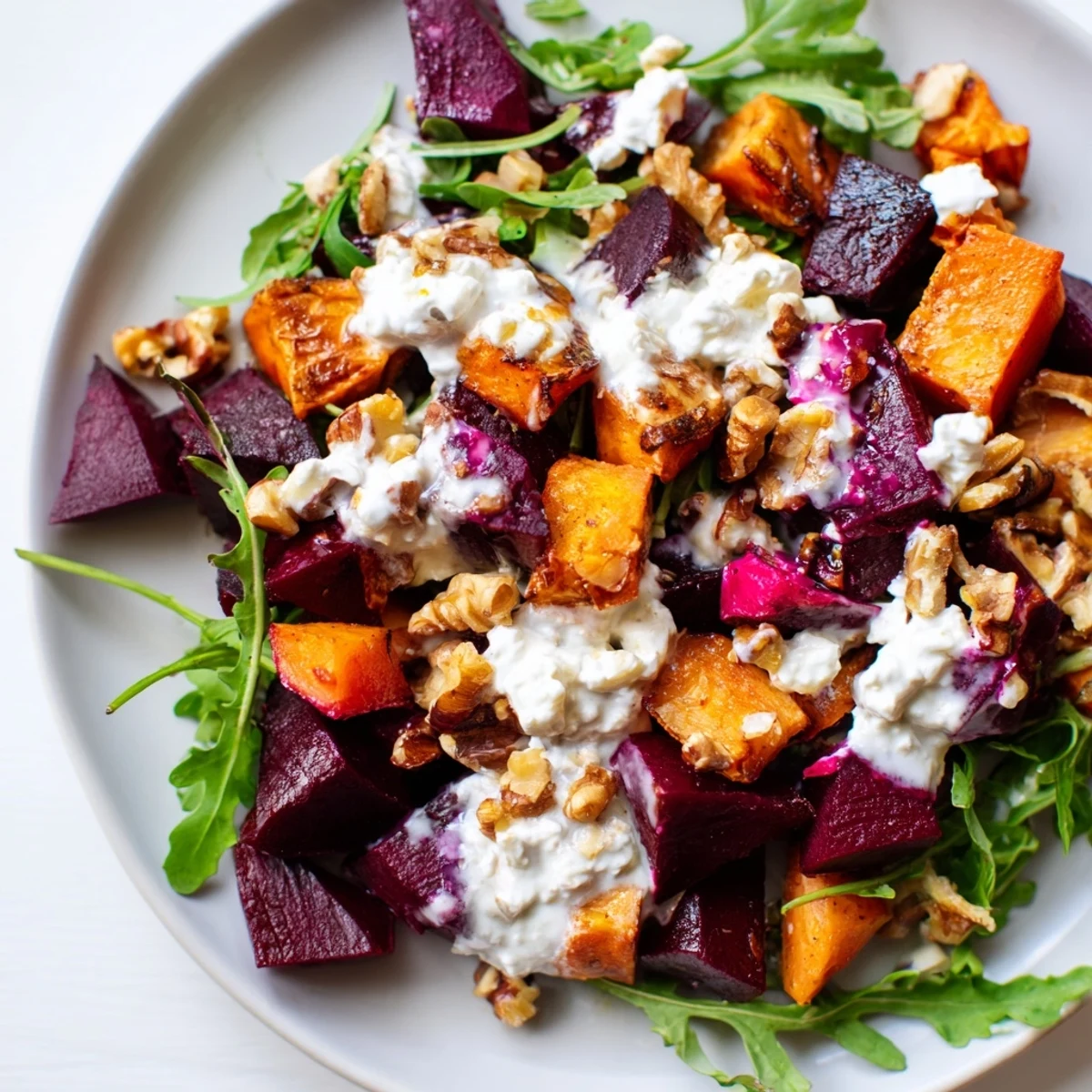 Colorful layered beet salad with sweet potatoes, walnuts, and feta on fresh arugula bed