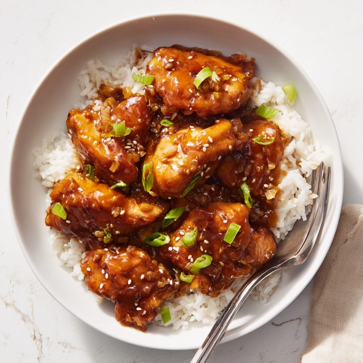 Golden brown Crock Pot Huli Huli chicken thighs garnished with green onions and pineapple