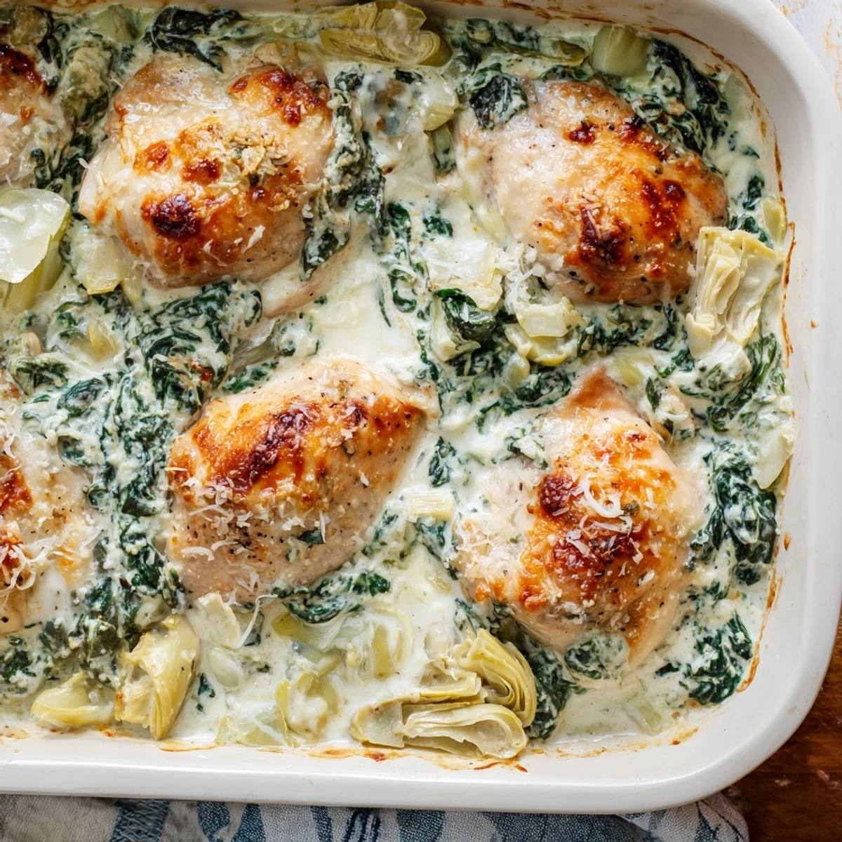 Creamy spinach and artichoke chicken casserole served on a white plate with fork ready for dinner