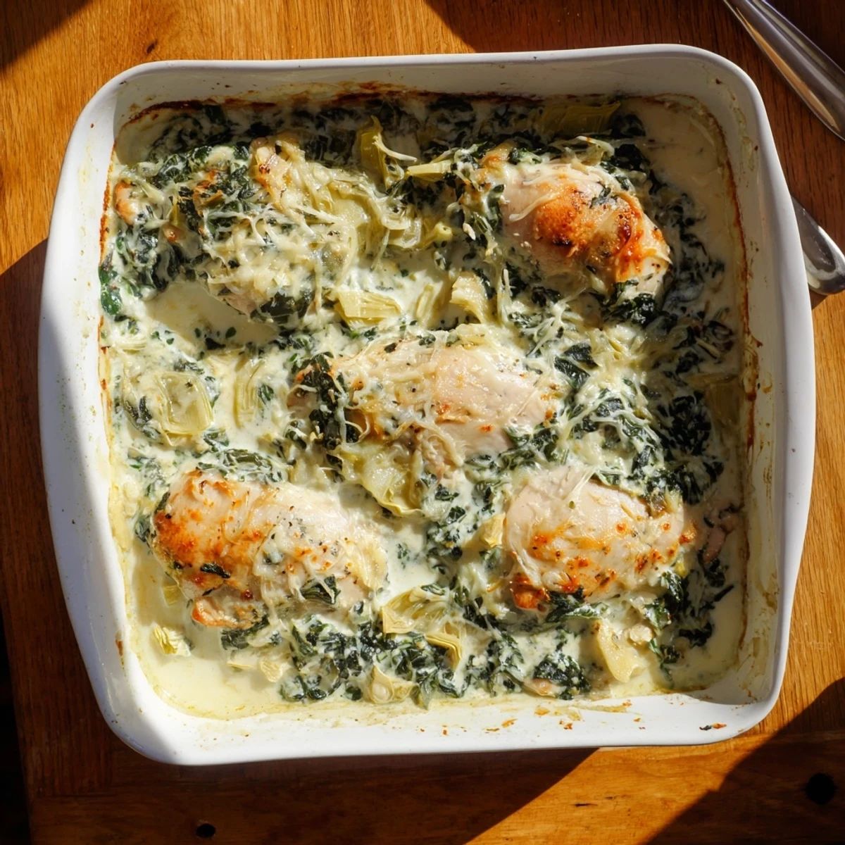 Golden bubbly spinach and artichoke chicken bake fresh from the oven with melted cheese topping
