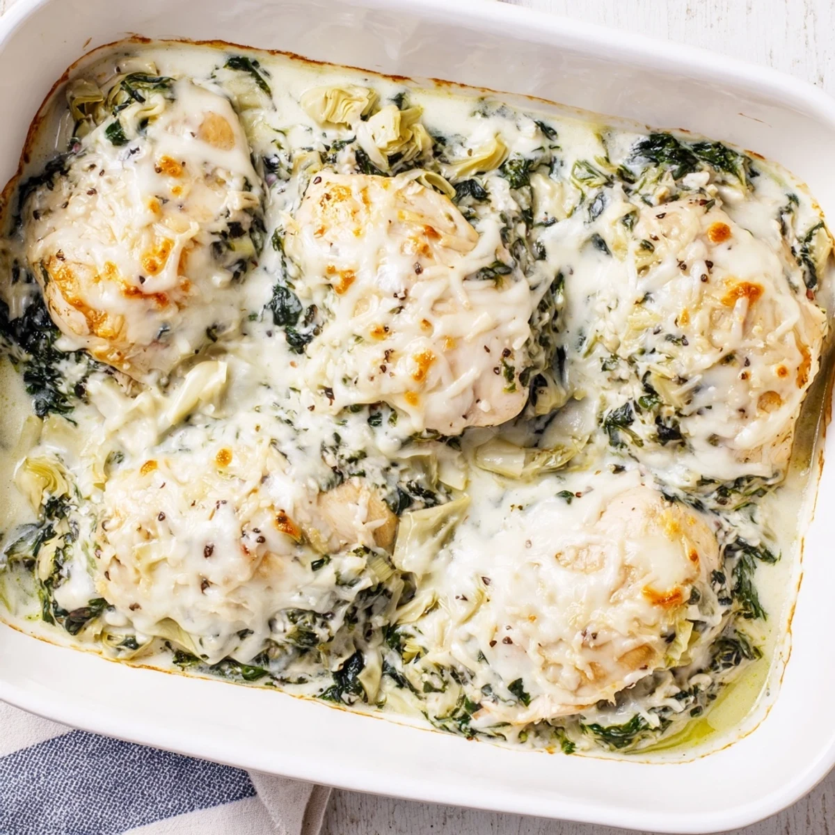 Baked chicken breasts topped with cheesy spinach artichoke mixture in a ceramic baking dish with golden crust