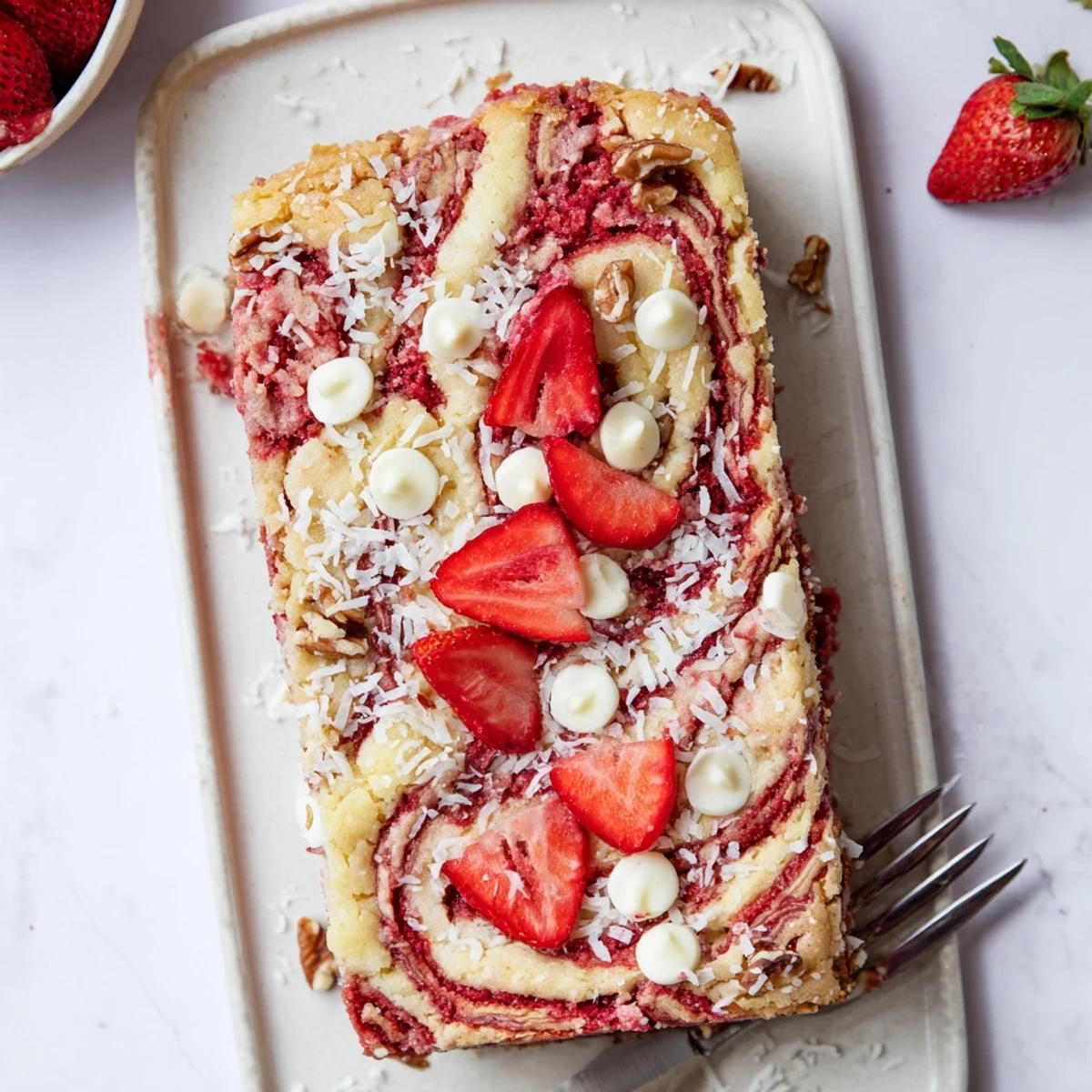 Golden strawberry earthquake cake with marbled cream cheese swirls and fresh strawberry chunks