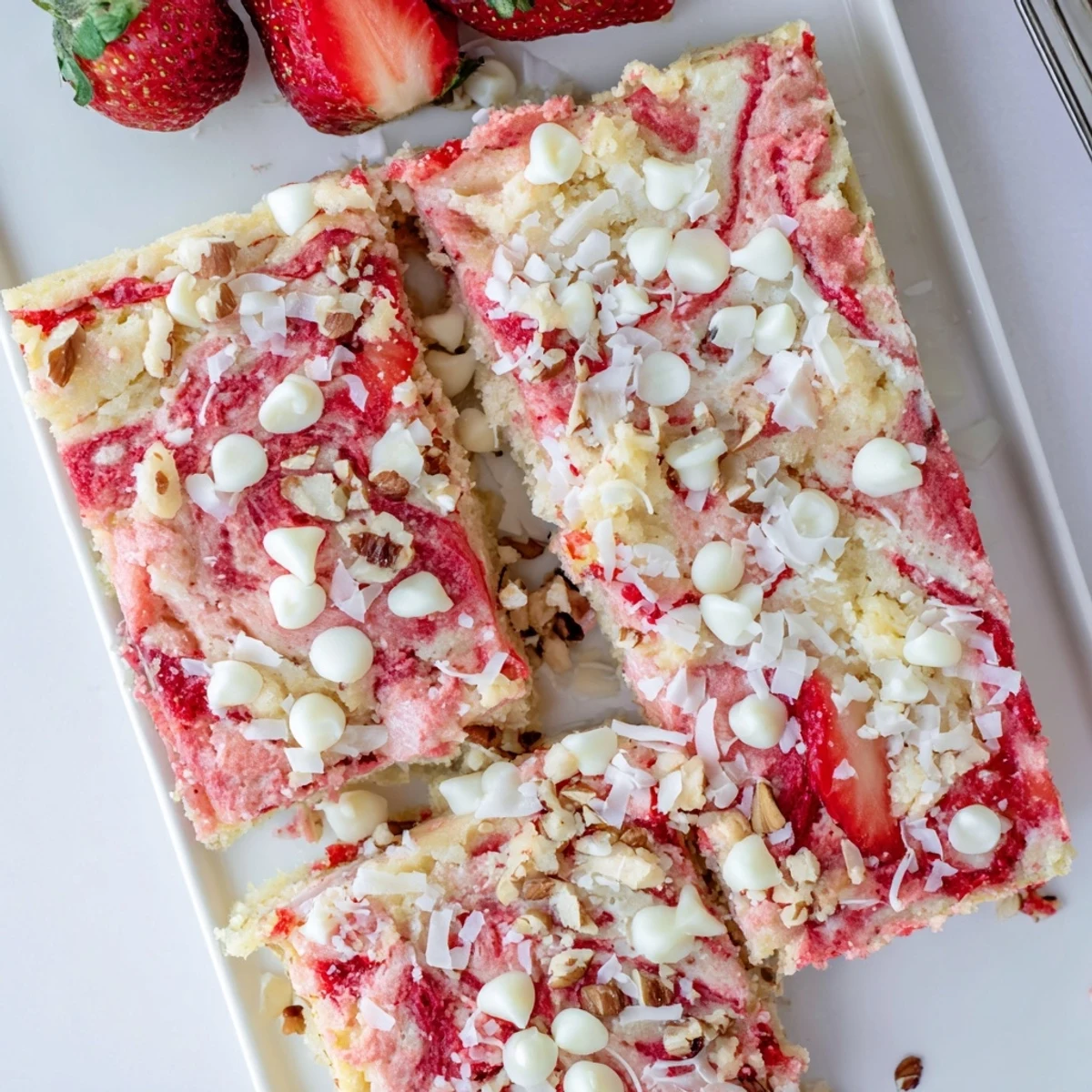 Decadent strawberry earthquake cake topped with melted white chocolate chips and crunchy pecans