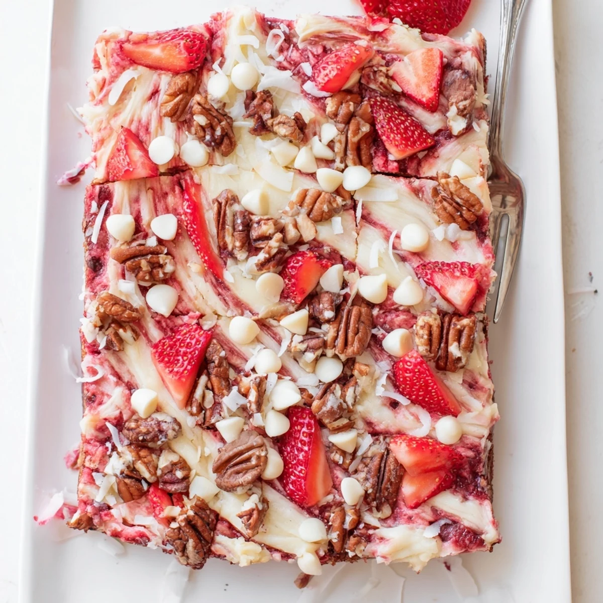 Slices of warm strawberry earthquake cake showing creamy layers and fruity strawberry pieces