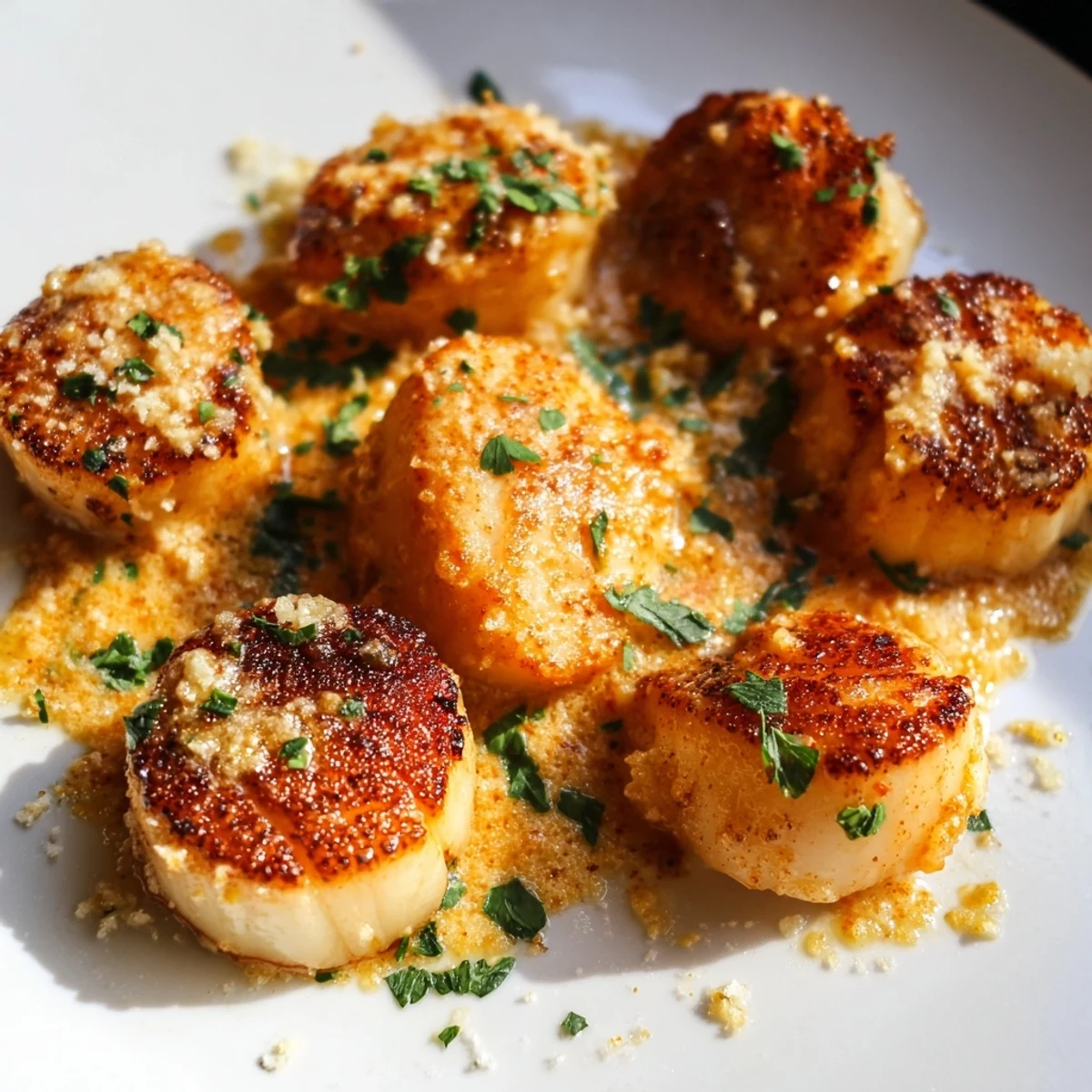 Pan-seared scallops in rich creamy Cajun sauce with garlic and melted Parmesan cheese