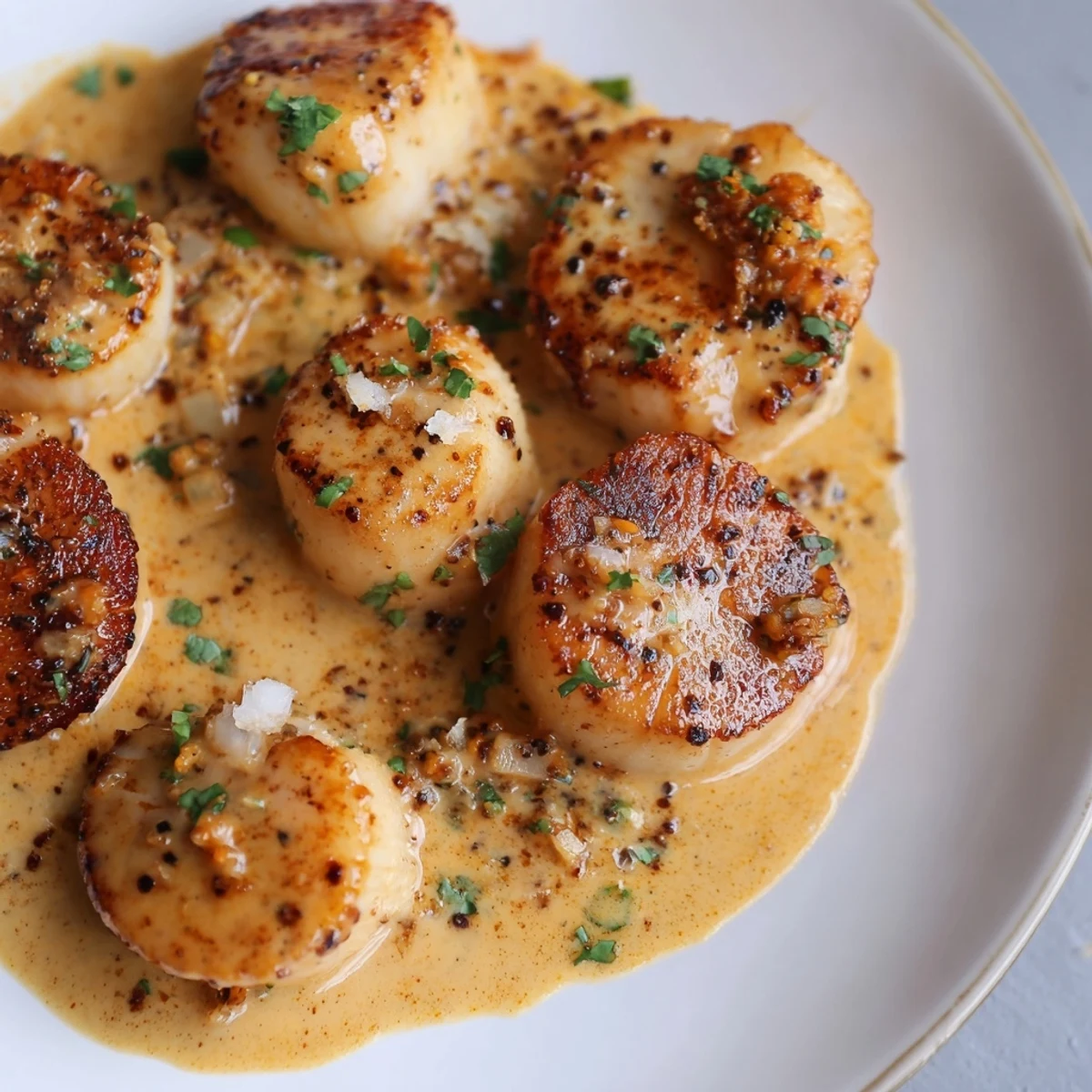 Golden seared sea scallops drizzled with spicy Cajun cream sauce and fresh parsley