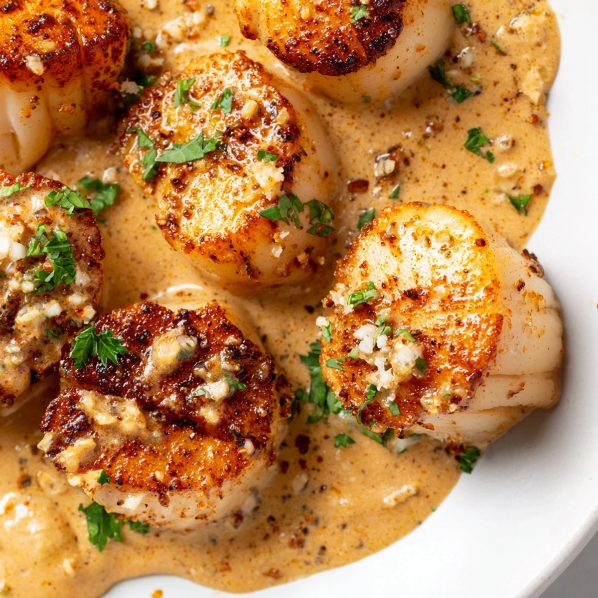 Succulent scallops topped with spicy red pepper cream sauce and garnished with herbs