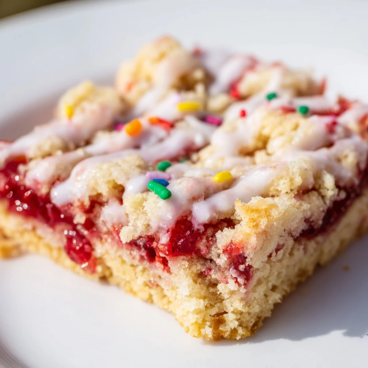 Golden homemade poptart cookie bars topped with sweet white glaze and colorful sprinkles