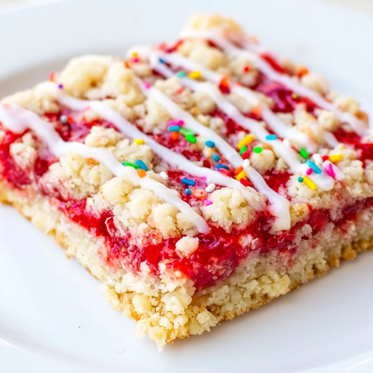 Soft sugar cookie bars layered with strawberry jam and vanilla glaze with rainbow sprinkles