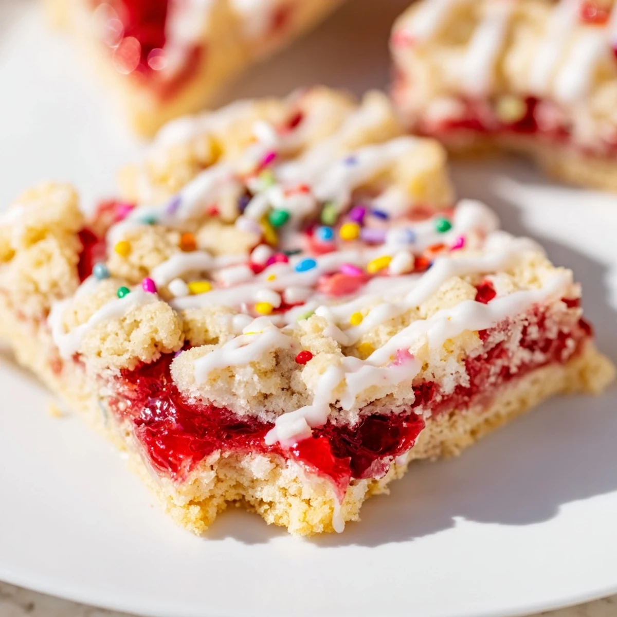 Nostalgic poptart cookie squares featuring crumbly cookie crust fruity jam filling and white icing