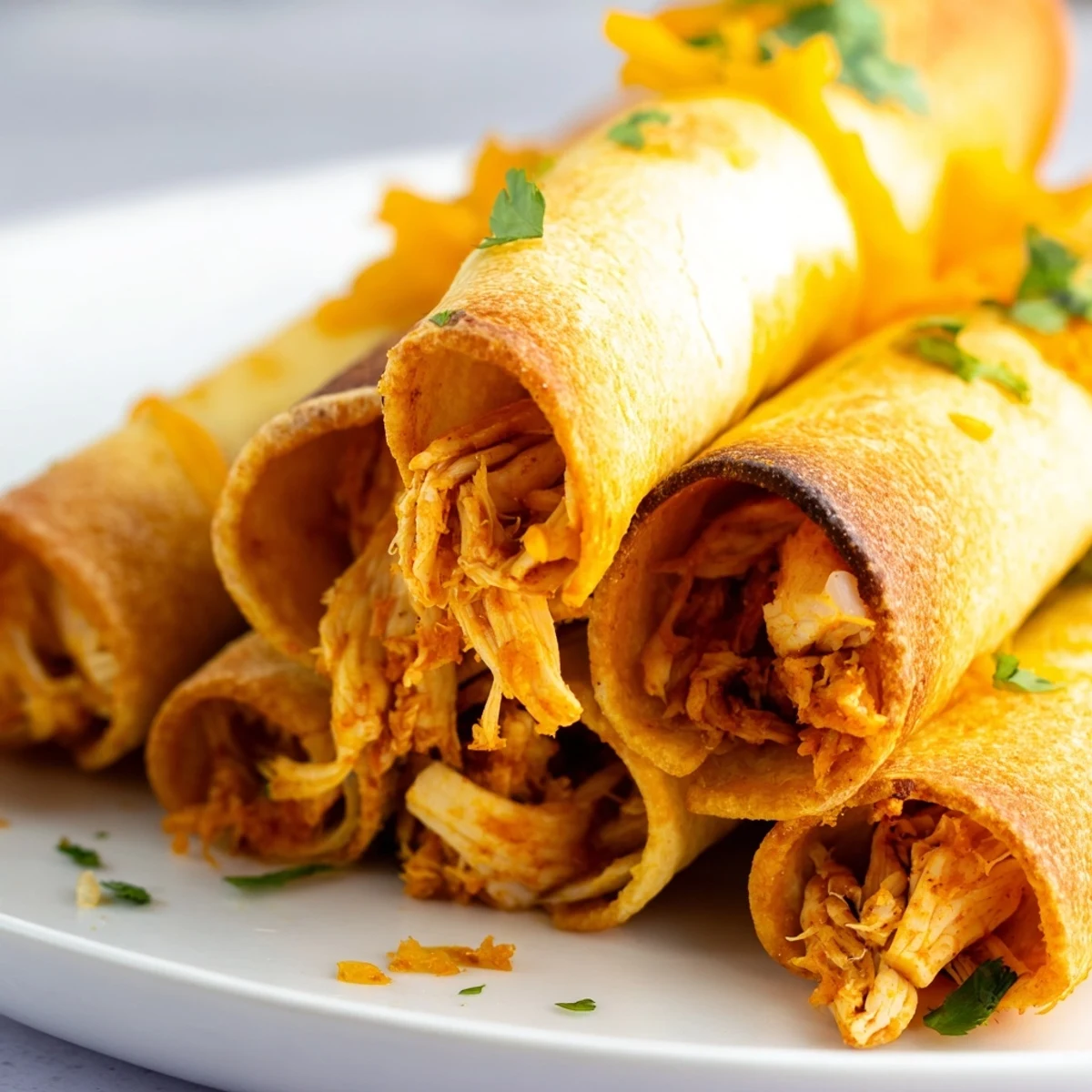 Golden brown crispy chicken taquitos with melted cheese filling on a white serving plate