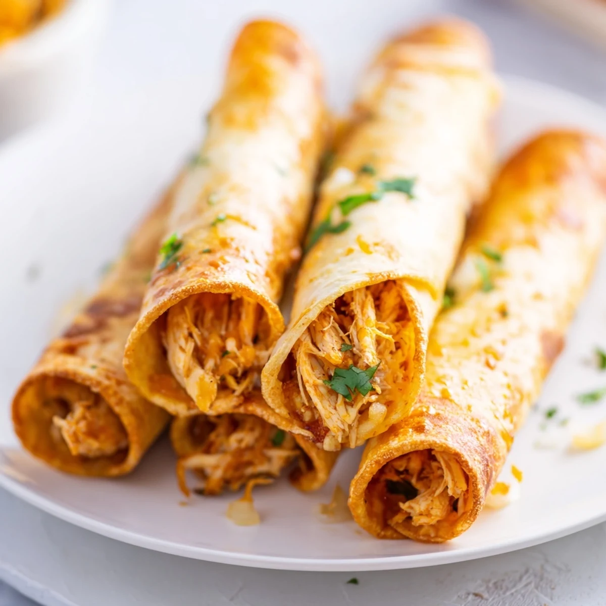 Baked rolled tortillas stuffed with seasoned shredded chicken and monterey jack cheese