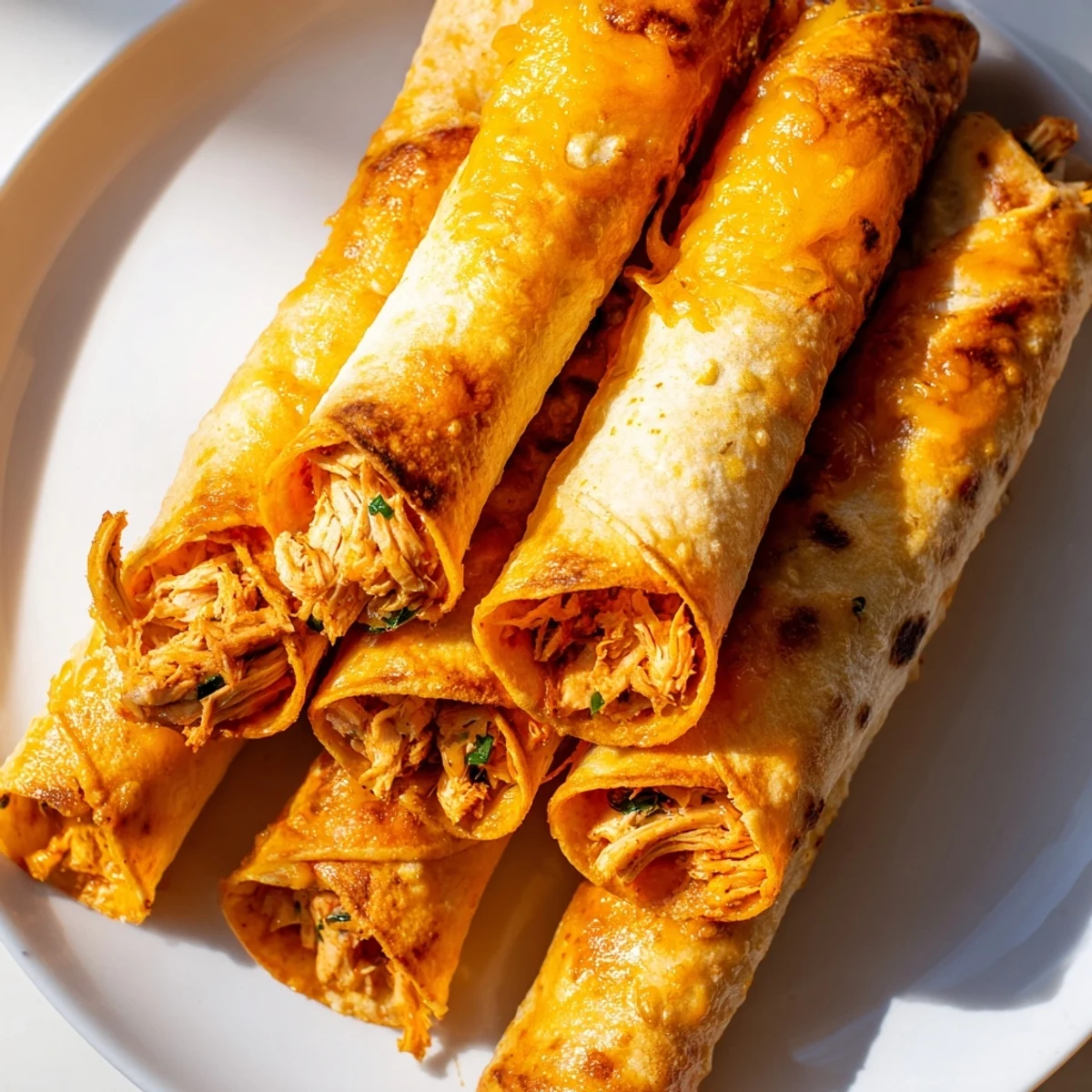 Plate of crispy chicken taquitos garnished with fresh cilantro ready for dipping in salsa