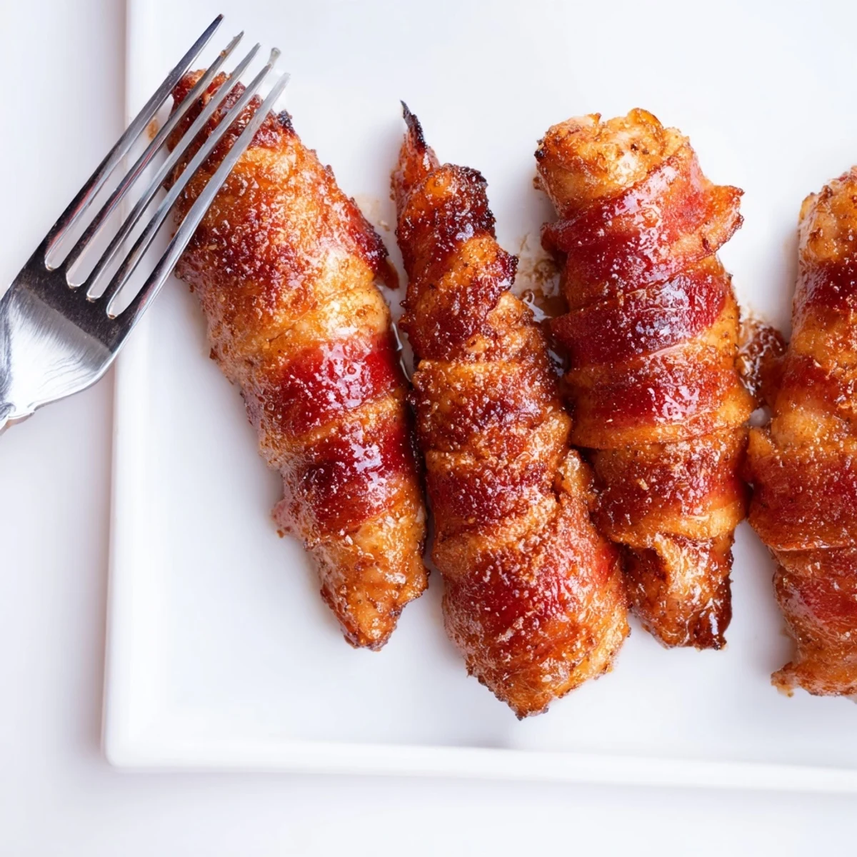 Crispy bacon wrapped chicken tenders coated in caramelized brown sugar glaze on wire rack