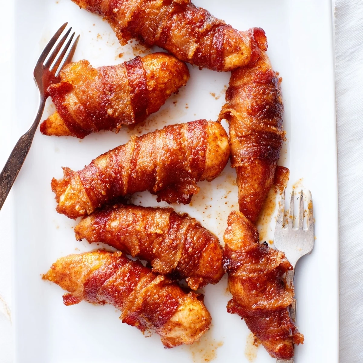 Golden brown sugar bacon chicken tenders arranged on white serving platter with dipping sauce