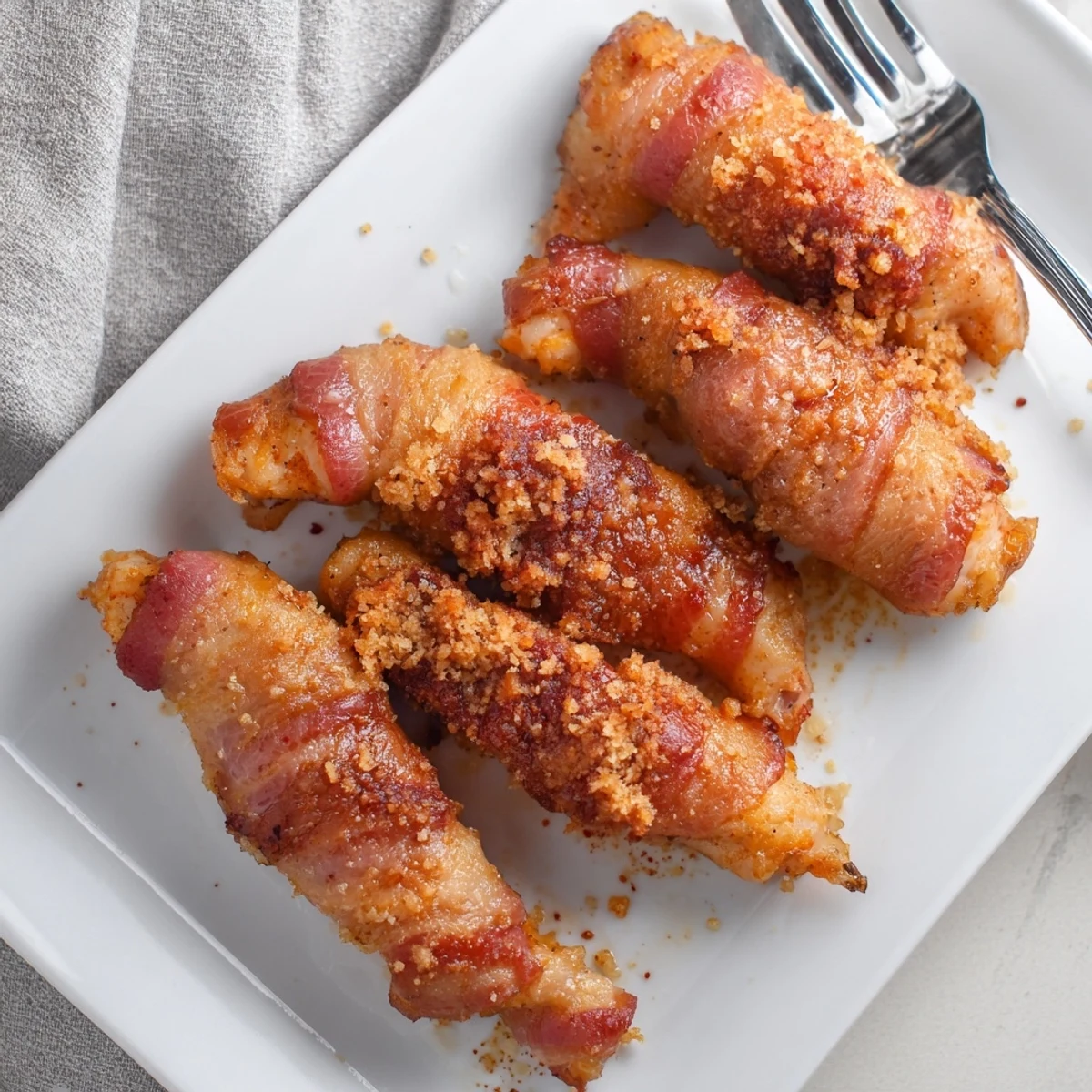 Close up of bacon brown sugar chicken tenders with crispy edges and sweet glaze