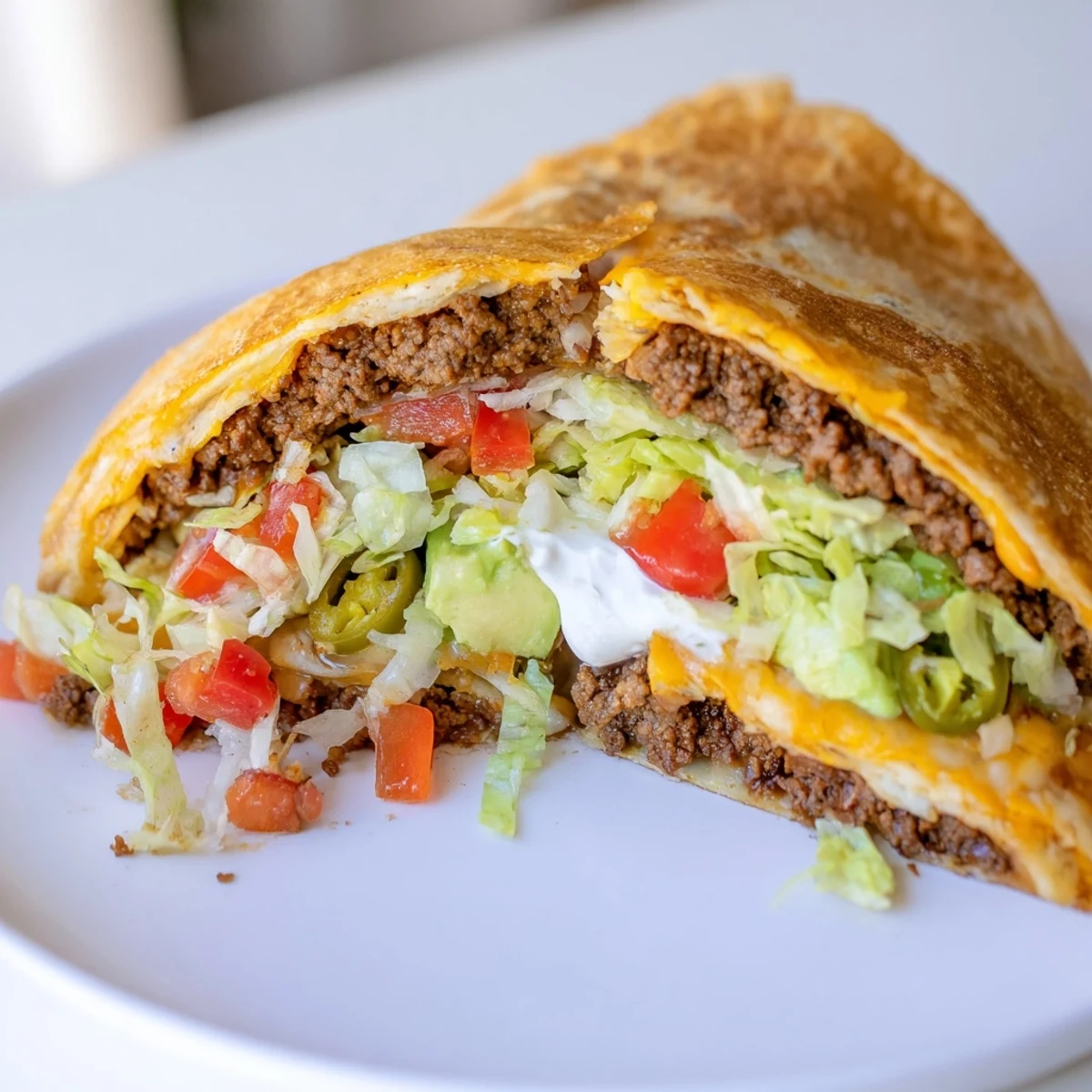 Golden keto crunchwrap filled with seasoned beef, melted cheddar, and crisp vegetables