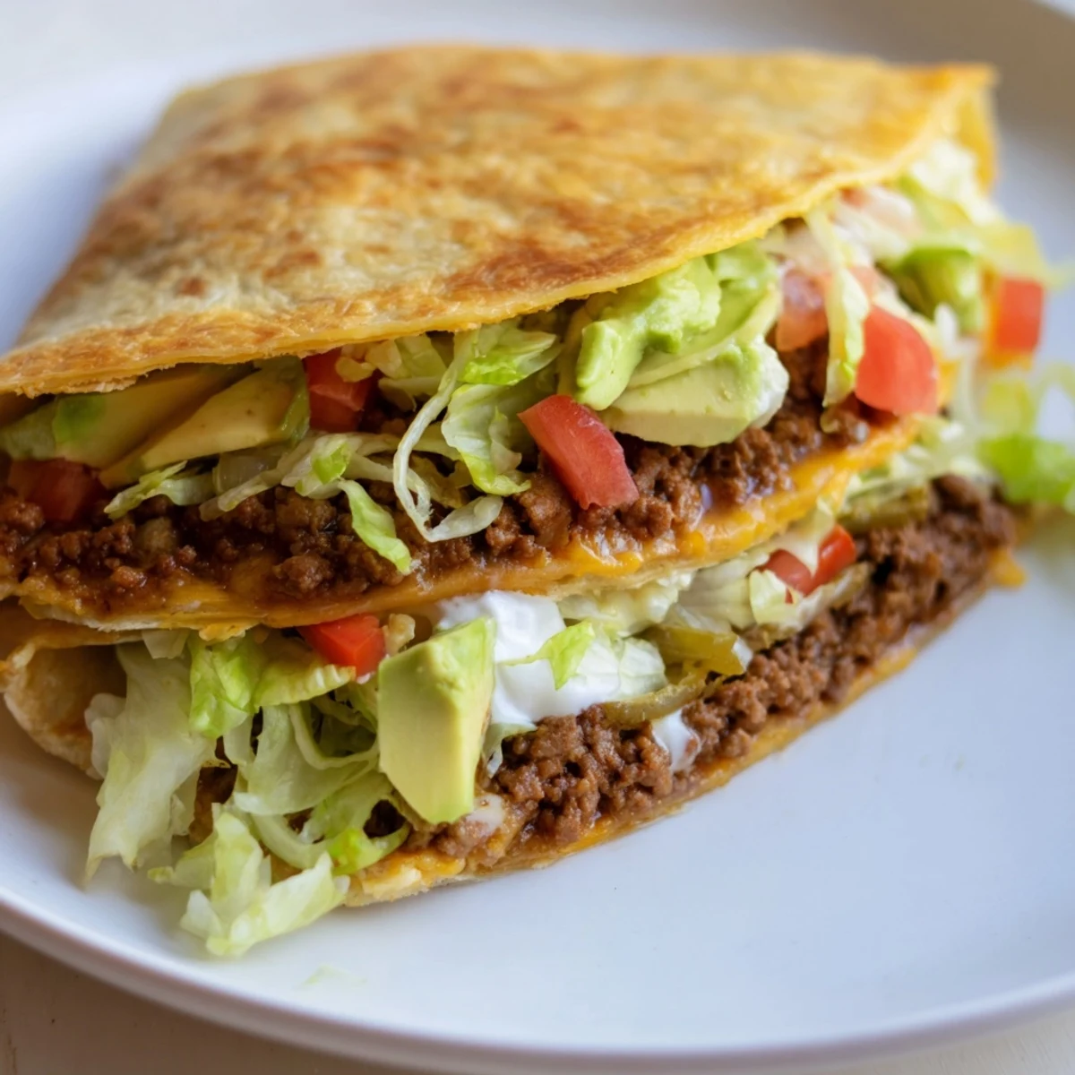 Homemade keto crunchwrap with almond flour tortilla wrapped around cheesy beef filling