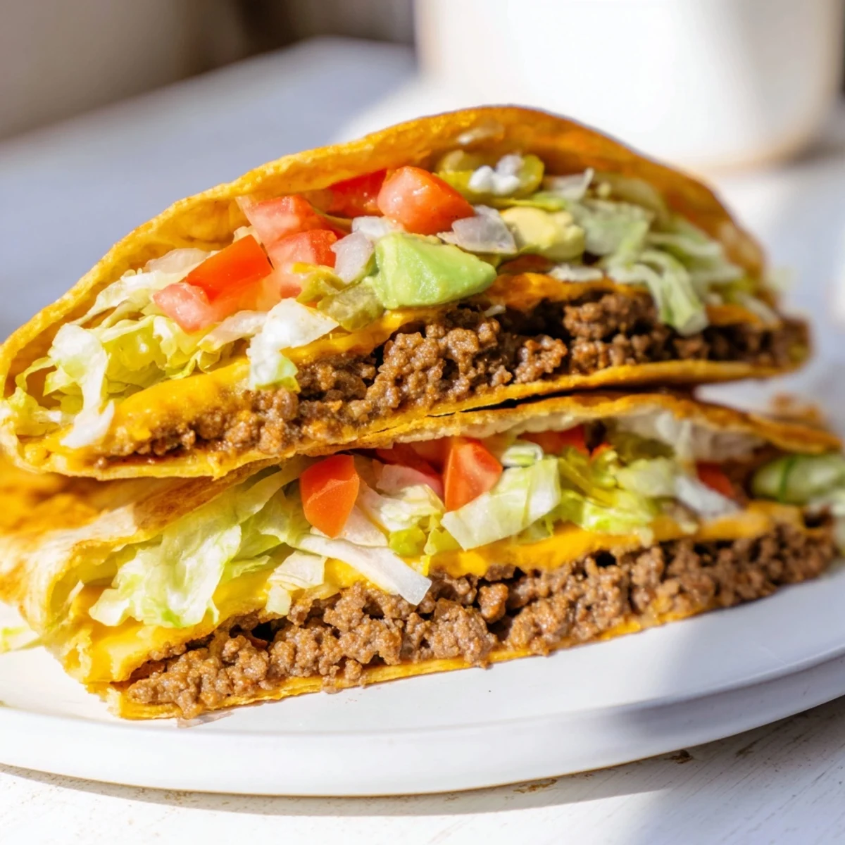 Crispy low-carb crunchwrap featuring layered taco meat, fresh lettuce, and creamy sour cream