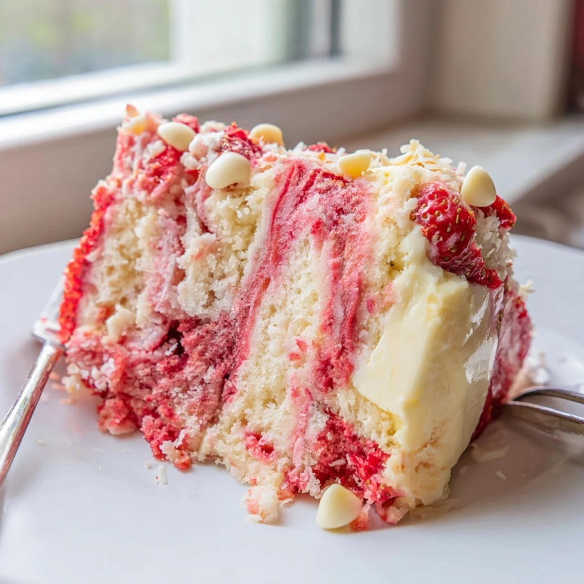 Gooey Strawberry Earthquake Cake with cream cheese swirls and fresh diced strawberries